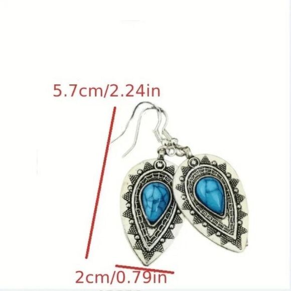Silver Turquoise Western Boho Water Drop Dangle Earrings - Picture 5 of 6